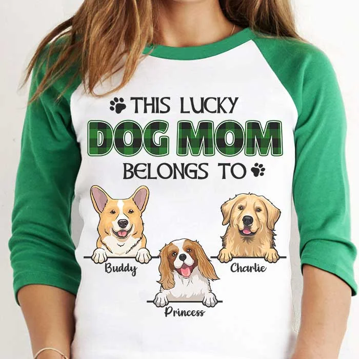 This Lucky Dog Mom, Dog Dad Belongs To - Personalized St. Patrick's Day Unisex Raglan Shirt