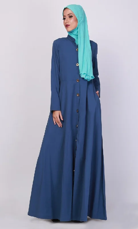 Navy Button Down Short Collared Long Abaya Dress