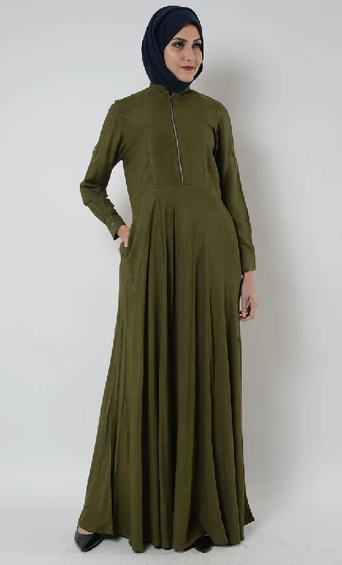 Metallic Zipper Detail Fit And Flared Abaya Dress