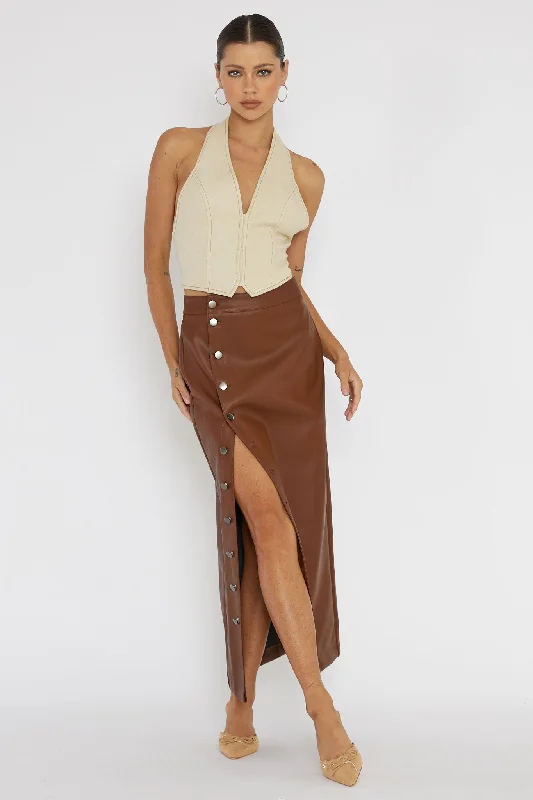 Angelica Button-Up Faux Leather Midi Skirt Brown