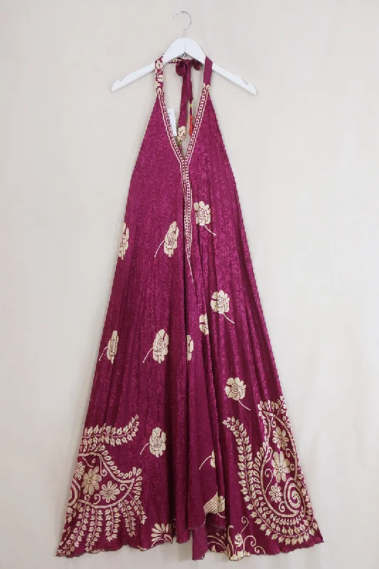 Athena Maxi Dress - Vintage Sari - Shimmering Amethyst Floral Paisley - Free Size L/XL