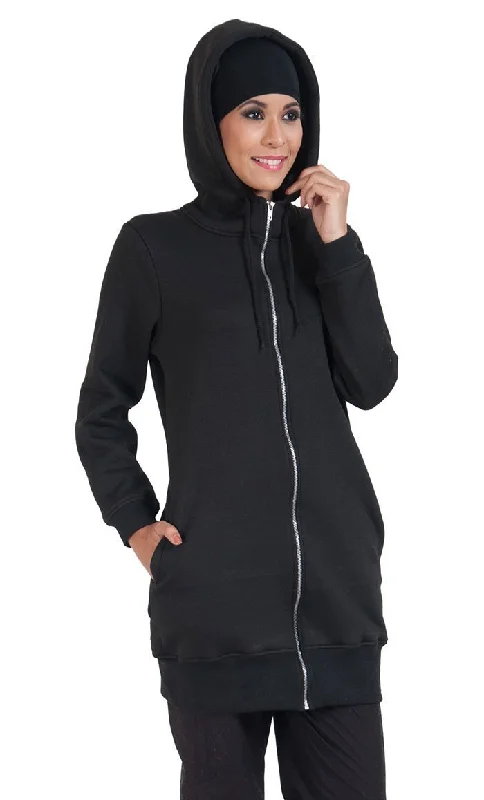 Zipper Front Extra Long Length Hoodie Sweatshirt