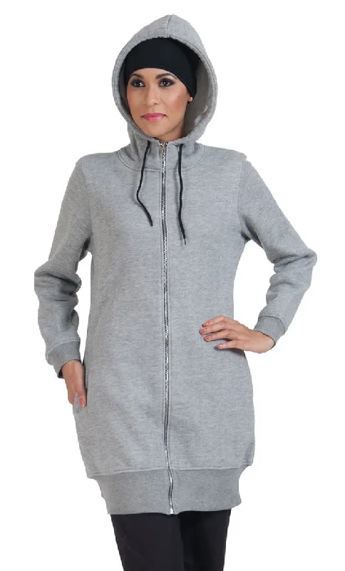 Zipper Front Extra Long Length Hoodie Sweatshirt