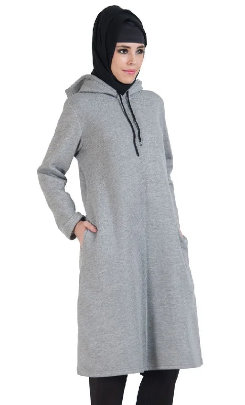 Grey Plain Extra Long Hoodie Sweatshirt