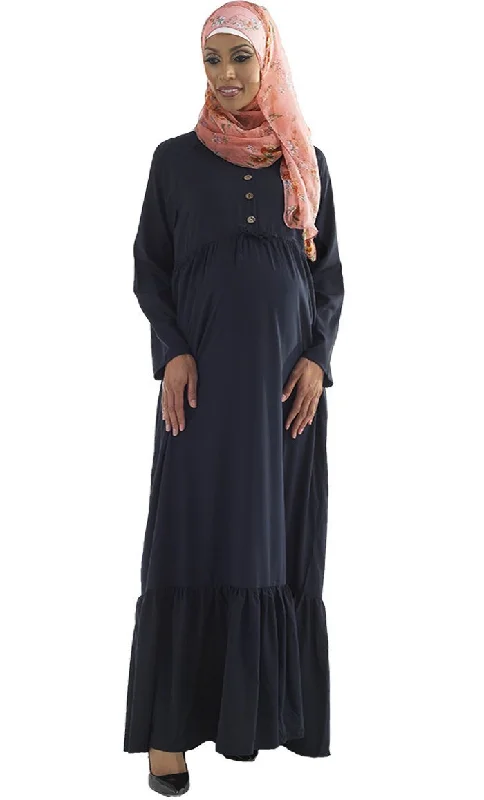 Button Down Ruffled Drop Waist Hem Maternity Abaya Dress