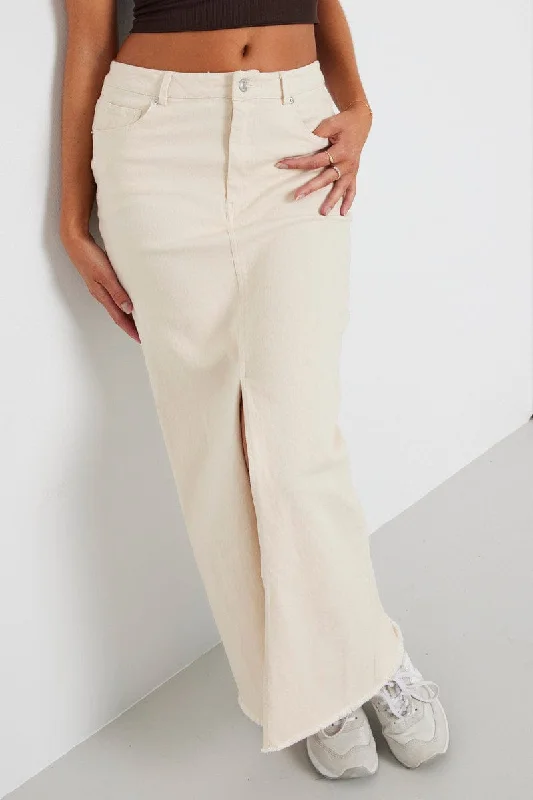 Beige Denim Skirt Maxi Front Split