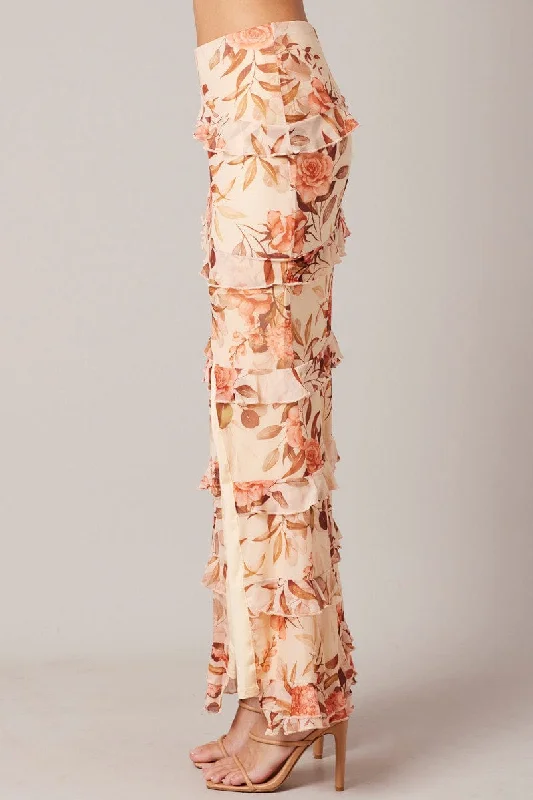 Beige Floral Ruffle Tiered Side Split Maxi Skirt