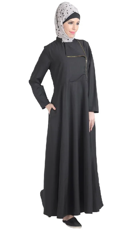 Metallic Flapover Zipper Detail Flared Abaya Dress