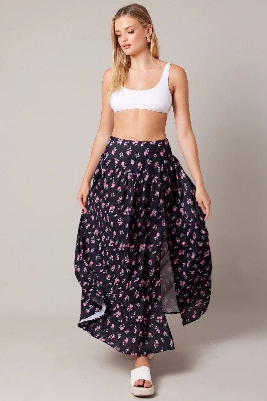 Black Floral Maxi Skirt Bouquet Ditsy Side Split Skirt