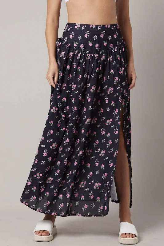 Black Floral Maxi Skirt Bouquet Ditsy Side Split Skirt