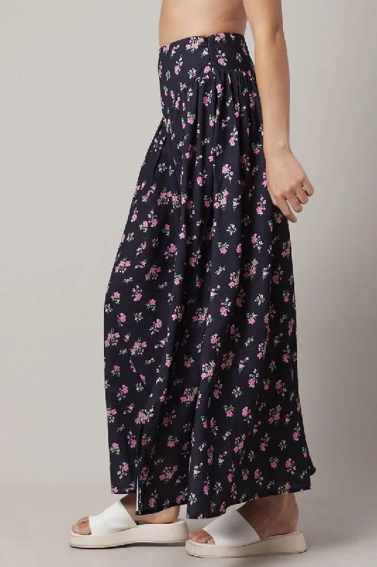 Black Floral Maxi Skirt Bouquet Ditsy Side Split Skirt