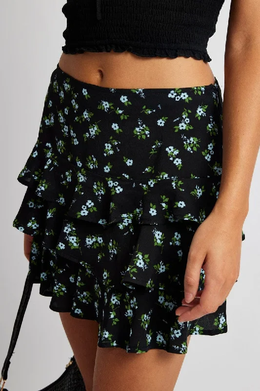 Black Floral Mini Skirt Frilled