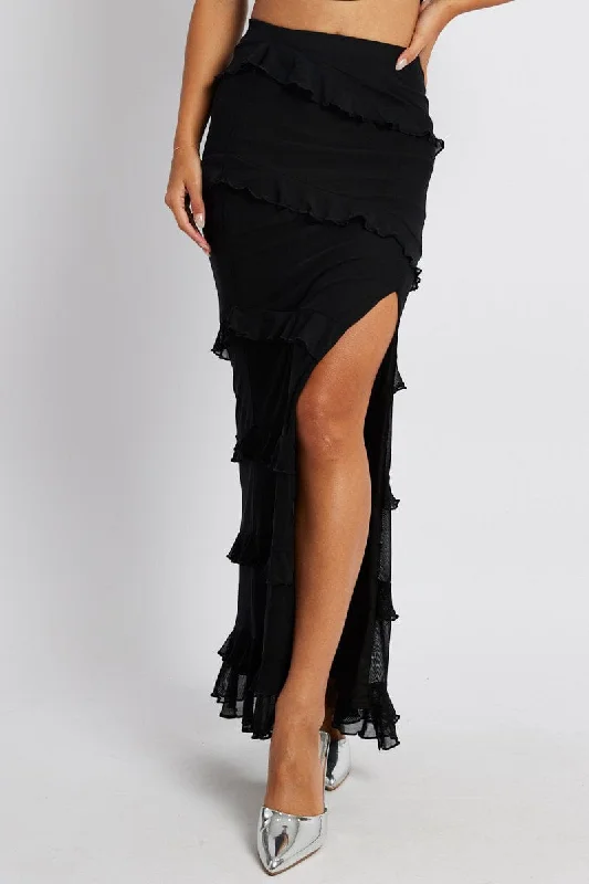 Black Maxi Skirt Mesh Frilled Mesh