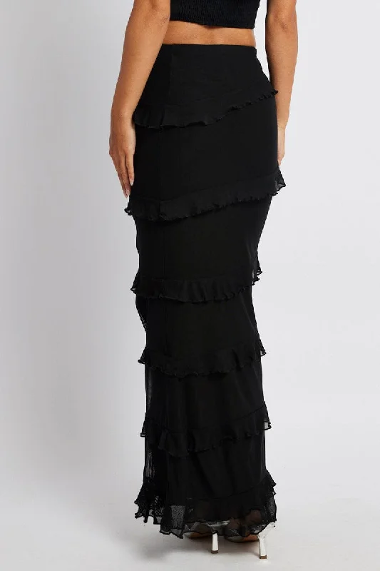 Black Maxi Skirt Mesh Frilled Mesh