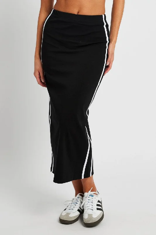 Black Midi Skirt Side Stripe