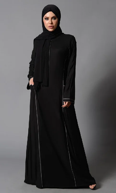 Contrast Color Piping And Metallic Zipper Detail Abaya Dress