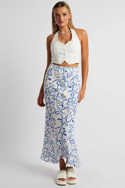 Blue Abstract Maxi Bias Skirt