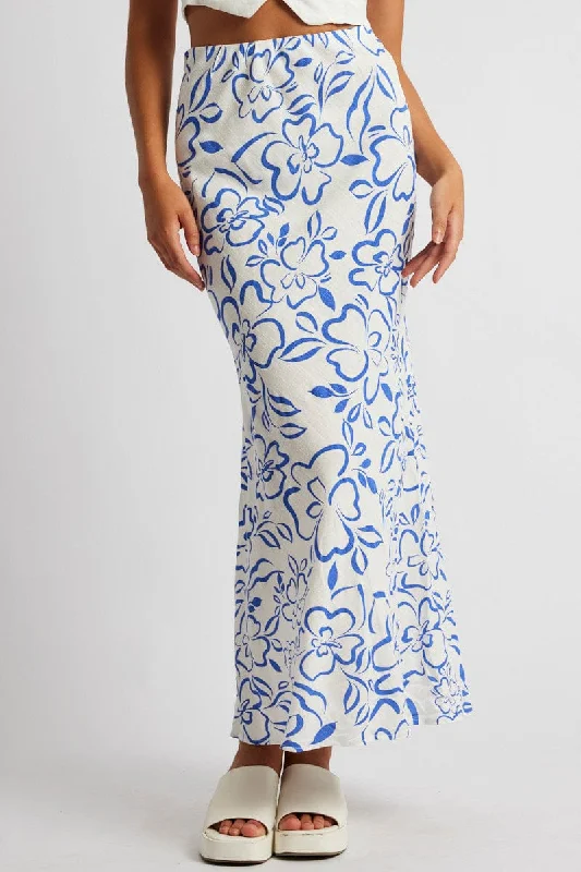 Blue Abstract Maxi Bias Skirt