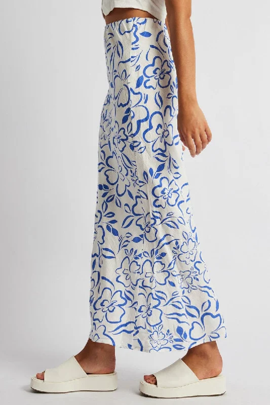 Blue Abstract Maxi Bias Skirt