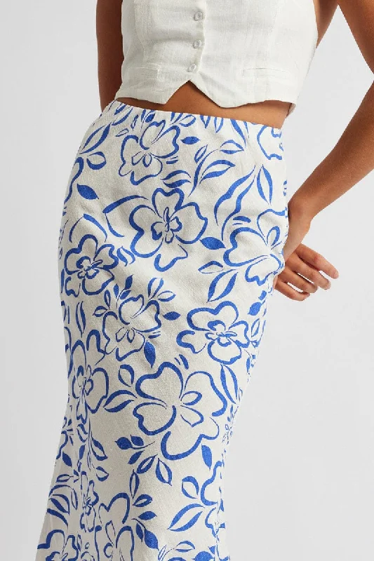 Blue Abstract Maxi Bias Skirt