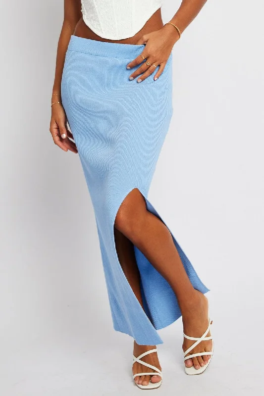 Blue Knit Skirt Front Split High Rise