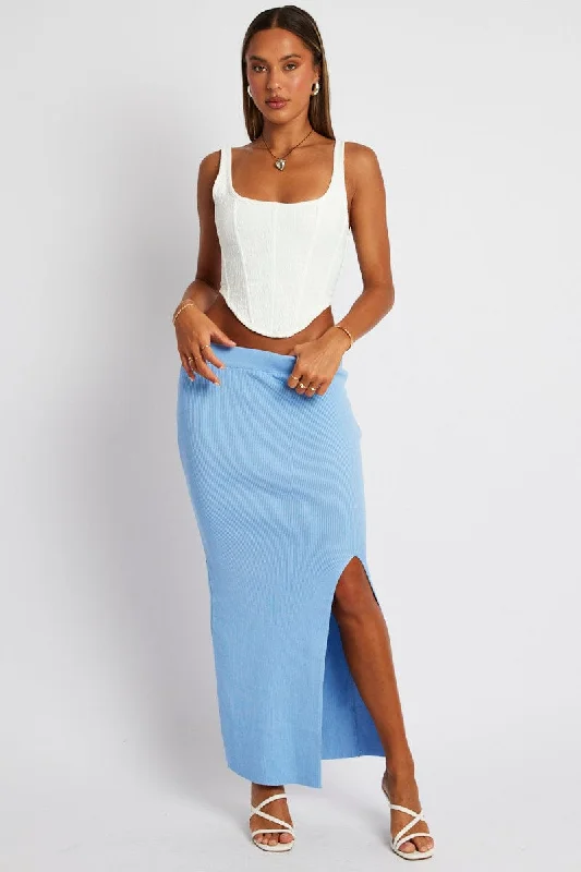 Blue Knit Skirt Front Split High Rise