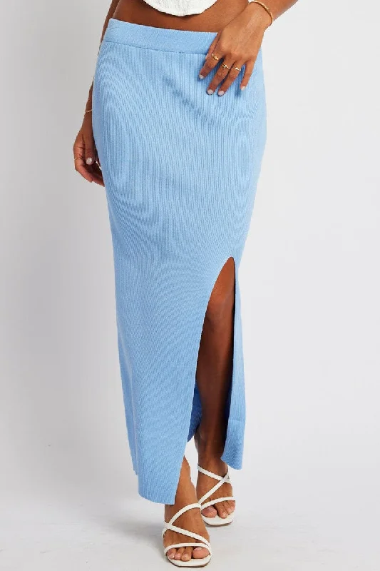 Blue Knit Skirt Front Split High Rise