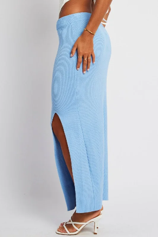 Blue Knit Skirt Front Split High Rise