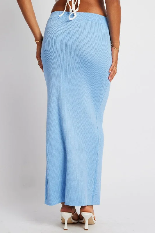 Blue Knit Skirt Front Split High Rise