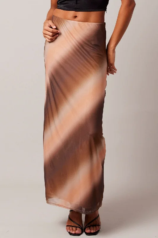 Brown Abstract Maxi Skirt High Rise Mesh