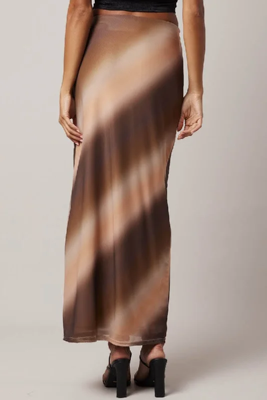 Brown Abstract Maxi Skirt High Rise Mesh