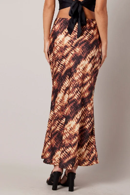 Brown Abstract Slip Skirt Maxi Satin