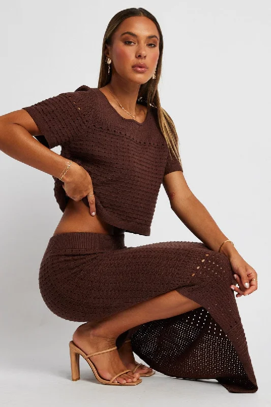 Brown Knit Skirt Crochet High Rise