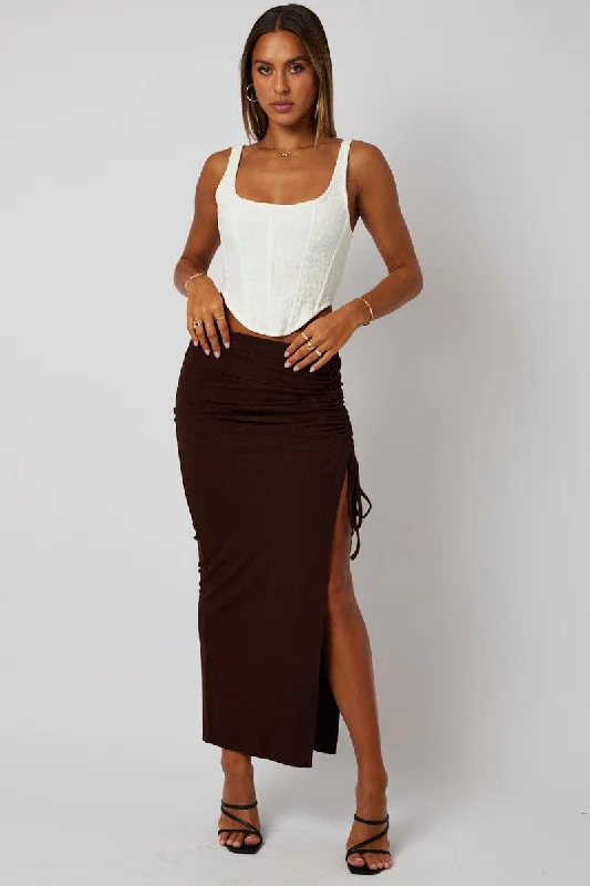 Brown Maxi Skirt Side Split Ribbed