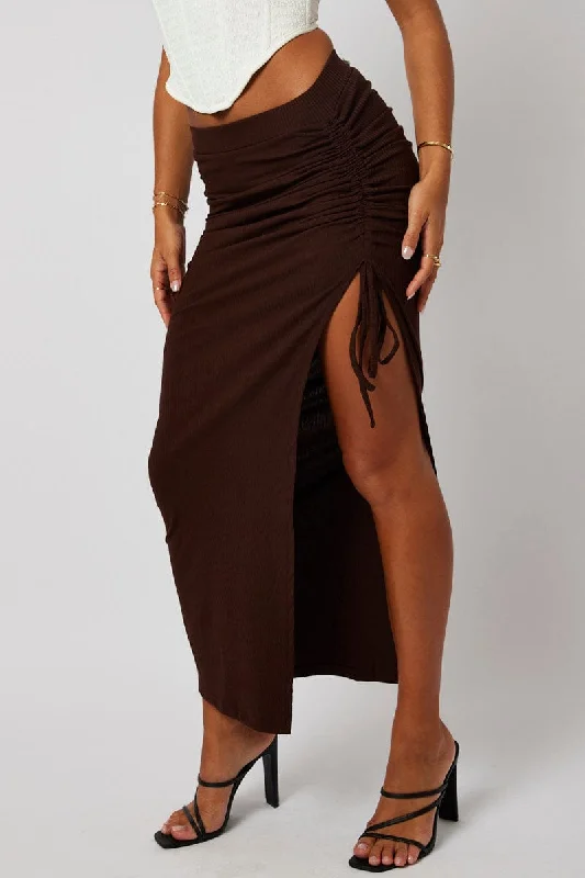 Brown Maxi Skirt Side Split Ribbed