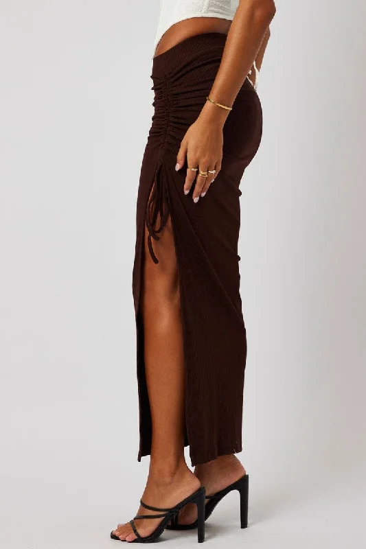 Brown Maxi Skirt Side Split Ribbed