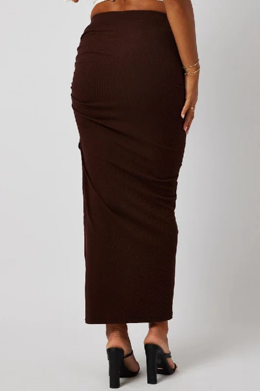 Brown Maxi Skirt Side Split Ribbed