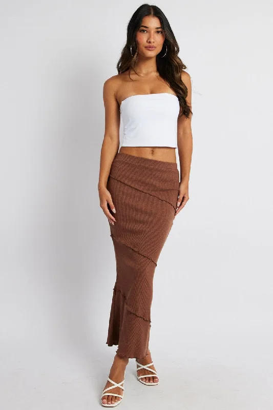 Brown Midi Skirt Bodycon High Rise Rib Jersey