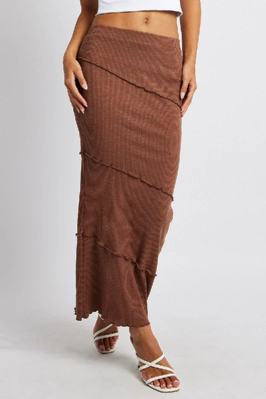 Brown Midi Skirt Bodycon High Rise Rib Jersey