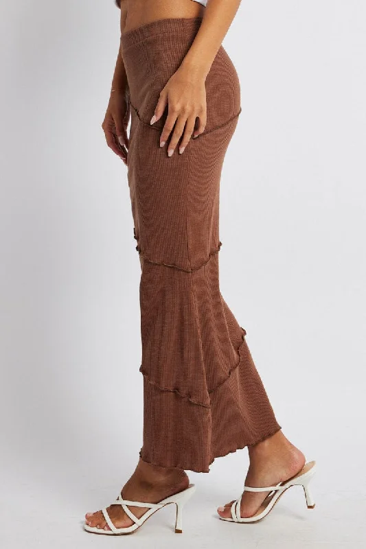 Brown Midi Skirt Bodycon High Rise Rib Jersey