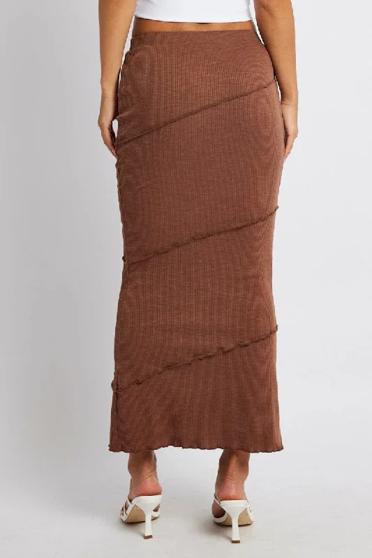 Brown Midi Skirt Bodycon High Rise Rib Jersey