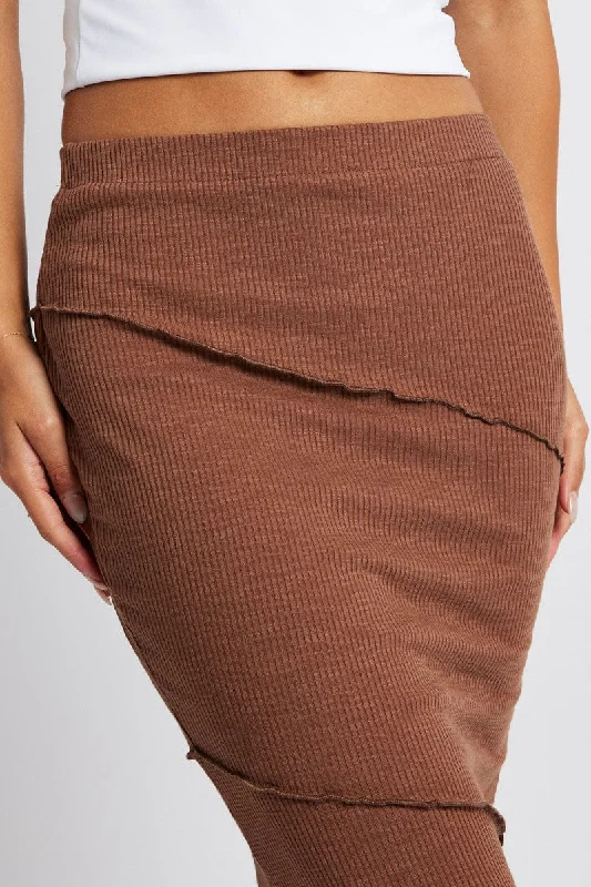 Brown Midi Skirt Bodycon High Rise Rib Jersey