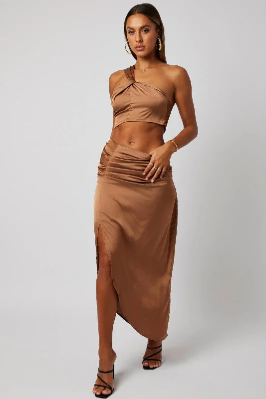 Brown Ruched Maxi Skirt Draped Satin Skirt