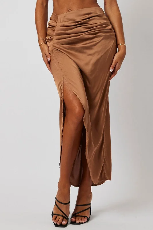 Brown Ruched Maxi Skirt Draped Satin Skirt