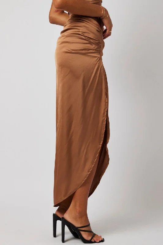 Brown Ruched Maxi Skirt Draped Satin Skirt