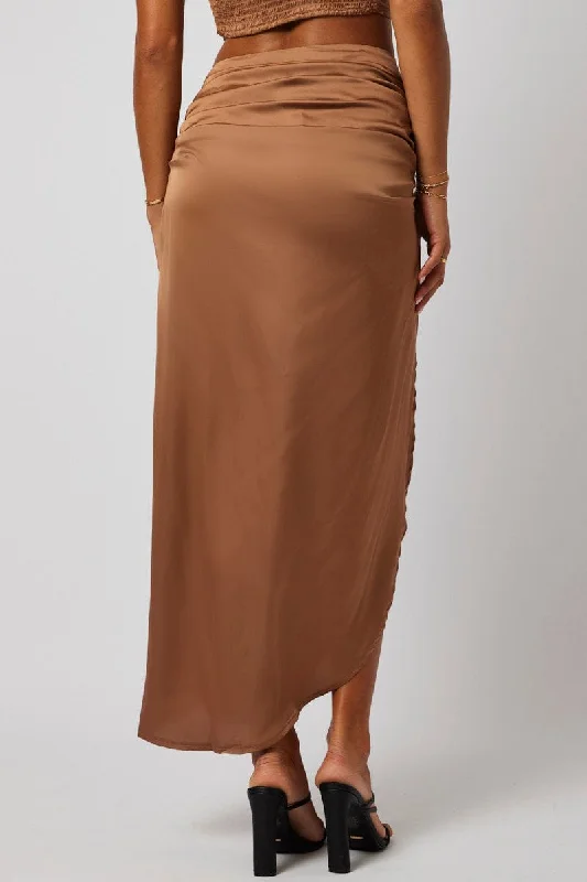 Brown Ruched Maxi Skirt Draped Satin Skirt