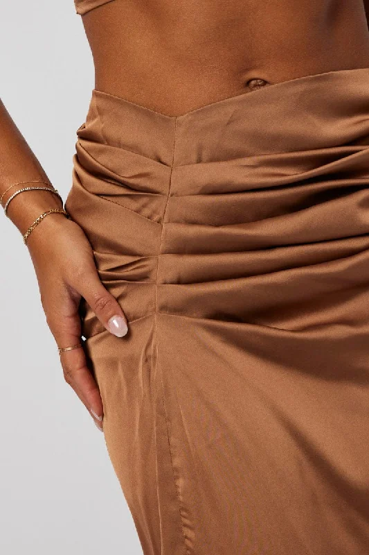 Brown Ruched Maxi Skirt Draped Satin Skirt