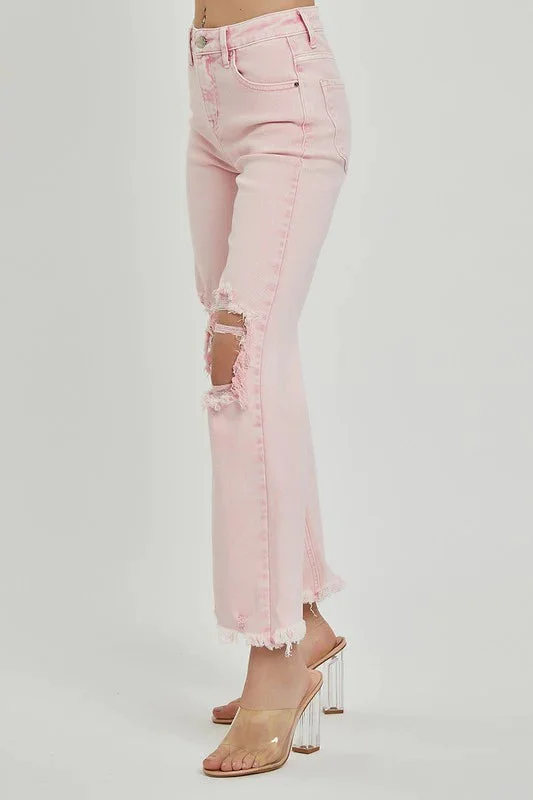 Distressed Straight Leg Acid Pink Jeans