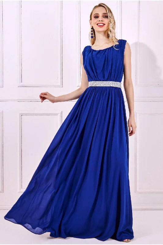 Goddiva Chiffon Maxi With Embellished Belt - Royal Blue