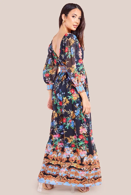 Goddiva Chiffon Wrap Border Floral Print Maxi Dress - Black